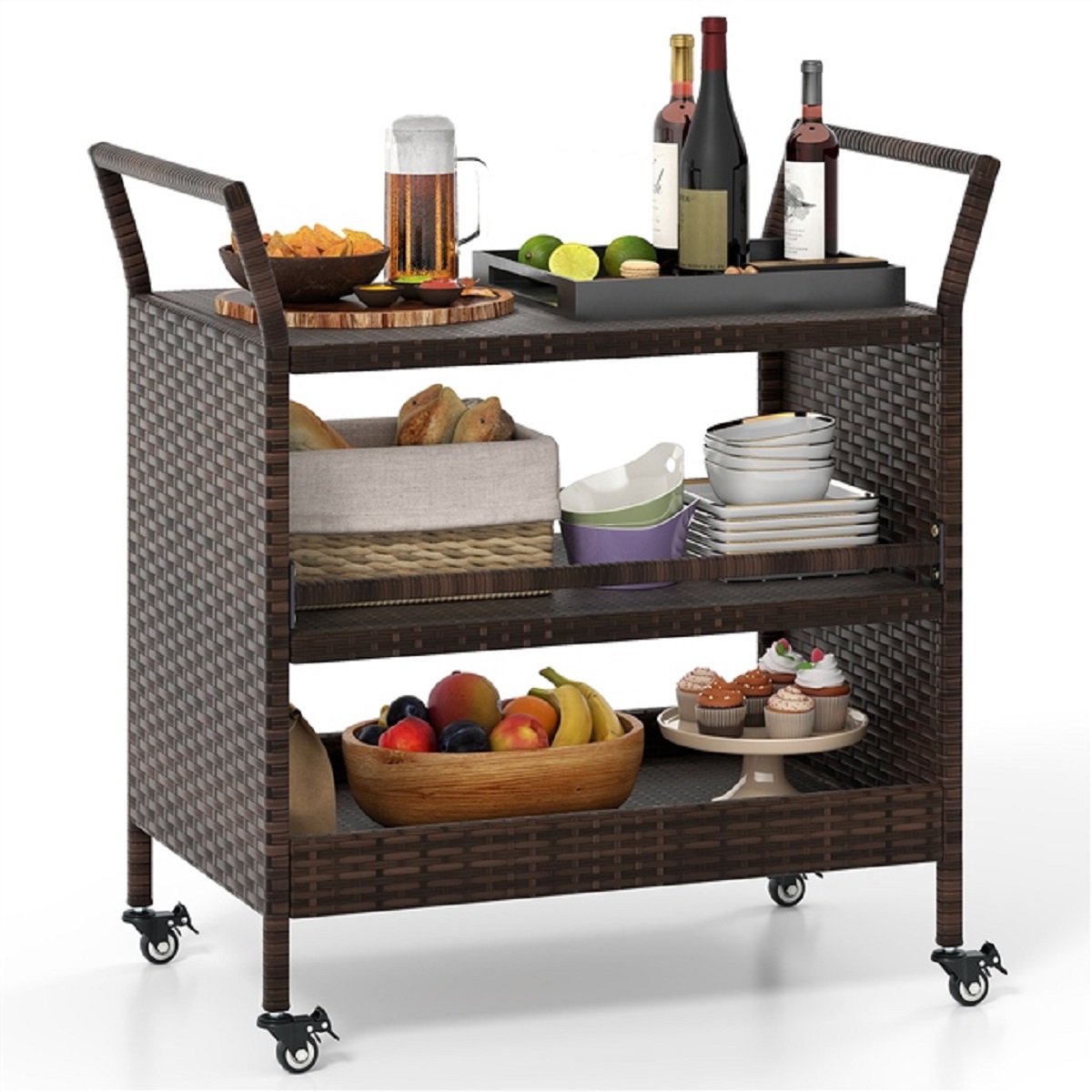 SureDeal® - Keukentrolley - Buiten barwagen 3-laags - Vergrendelbare Universele Wielen - Zijgrepen - 86x50x89 cm - Mix Bruin
