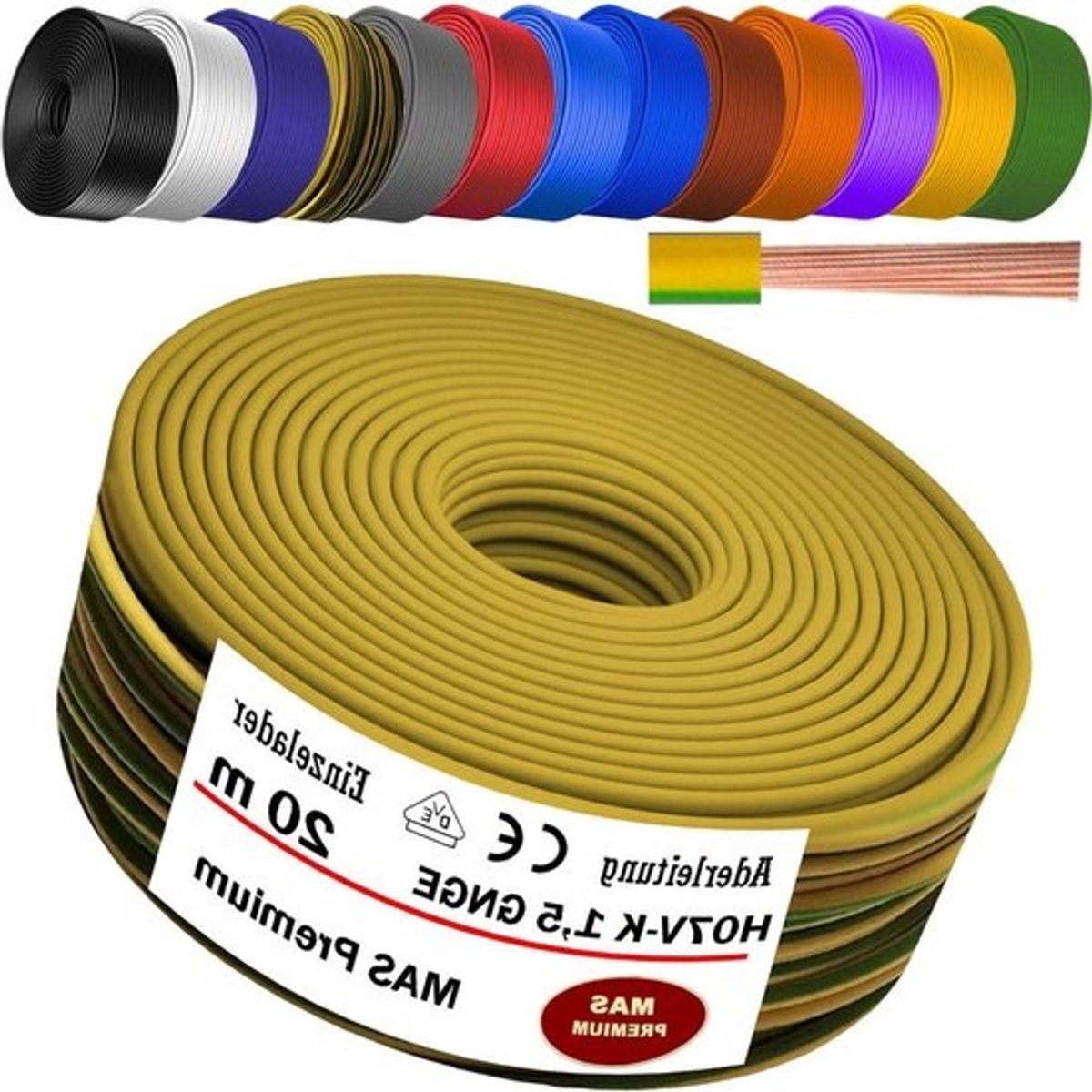 Flexibele Aderleiding - Enkele Kern Kabel - Elektrische Installaties - Fijndradig Koper - 15 mm² - Groen/Geel