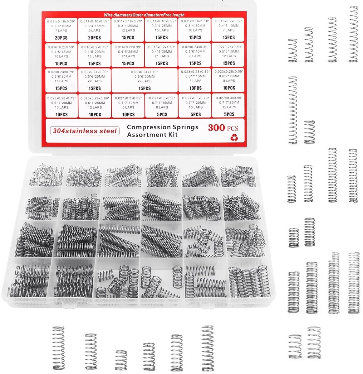 Assortiment Compressieveren Set met Doos, 300 Stuks Mechanische Metaal Mini Veren (23 Maten), RVS Kleine Veren voor Industriële Machines en Meubelonderdelen