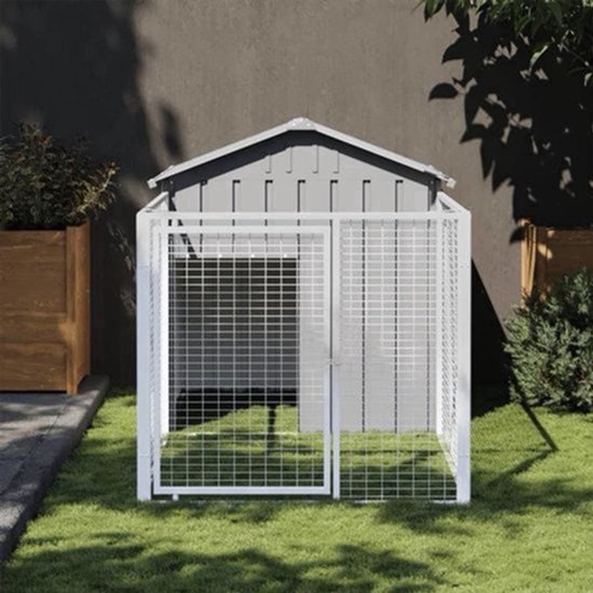 Hondenhok – Hondenkennel – Hondenhok Buiten – Hondenhuis – Hondenverblijf – Extra Groot – Verzinkt Staal – Weerbestendig – Ventilatie – 117x201x123 cm – Lichtgrijs