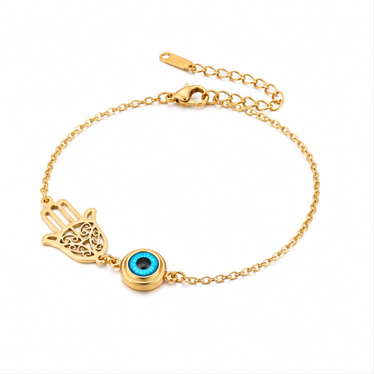 LGT JWLS - Dames armband - Goudkleurig edelstaal - Hamsa en Evil Eye