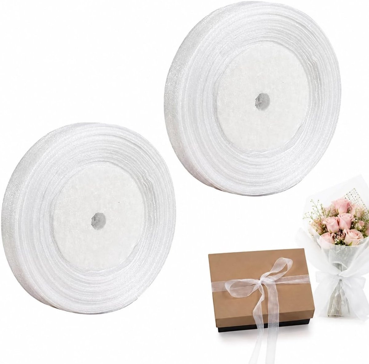 Witte Chiffonlinten - 2 Rollen van 45 m x 2 cm - Decoratief Cadeaulint voor Feesten, Bruiloften en Creatieve Projecten