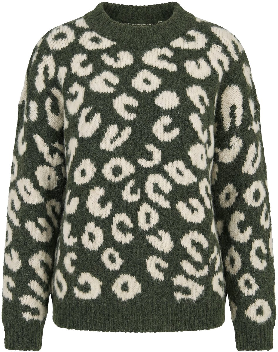 Studio Untold - Dames - Trui oversize shape jacquard met luipaardprint - Donkerolijf - Maat 46+
