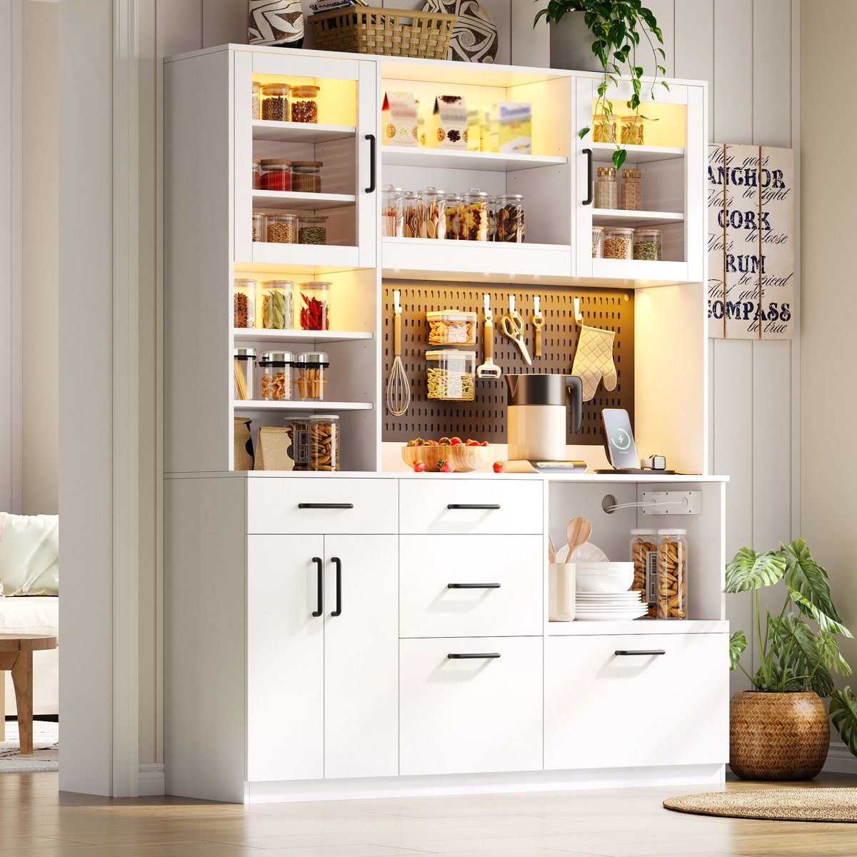 Clruro Dressoir - 185 x 145 x 40 cm - RGB LED en Stopcontact - 5 Laden en Pegboard - MDF - Wit
