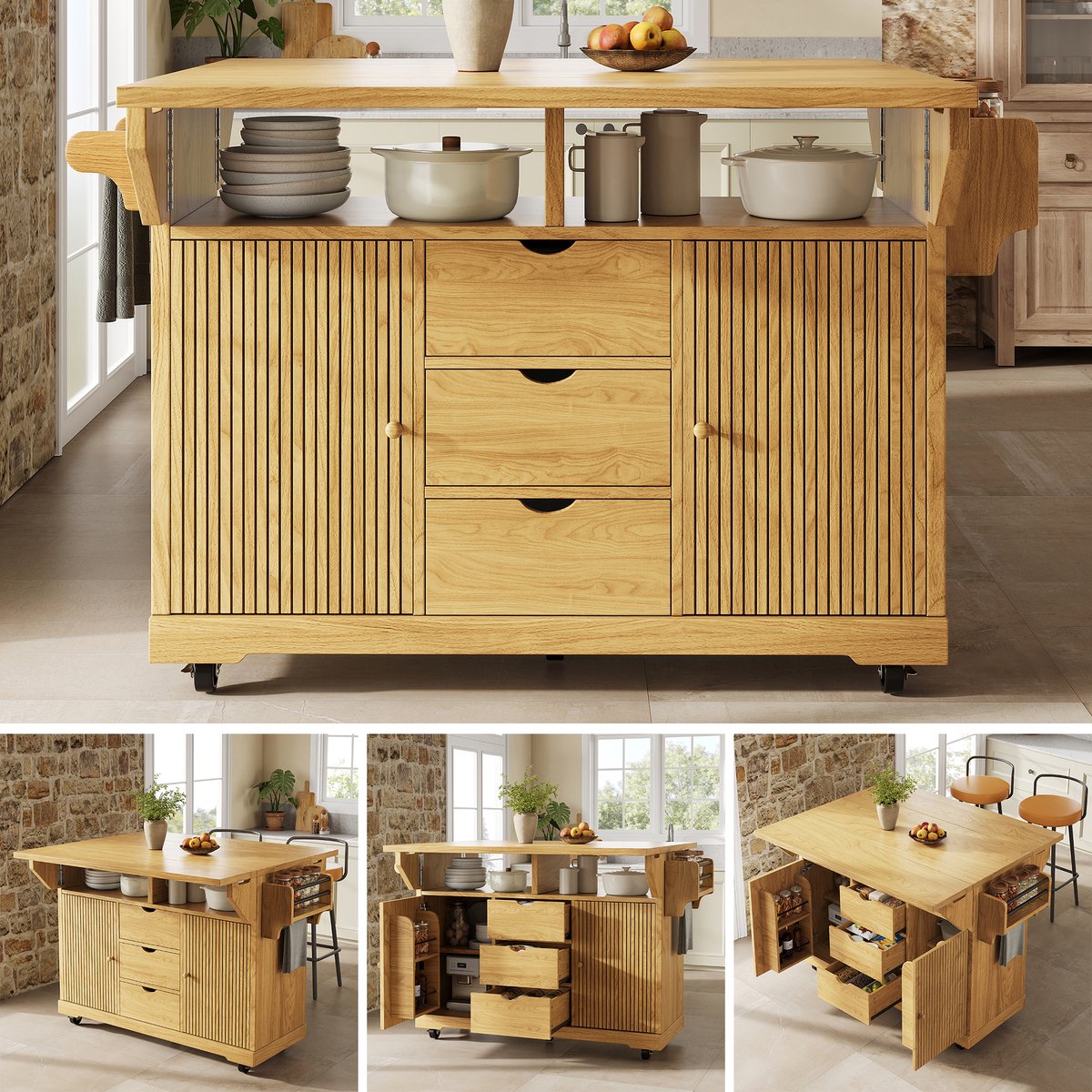 Clruro Keukenwagen - 142,5 x 40-80 x 95 cm - Uitklapbaar - 3 Laden - MDF/Metaal - Naturelbruin