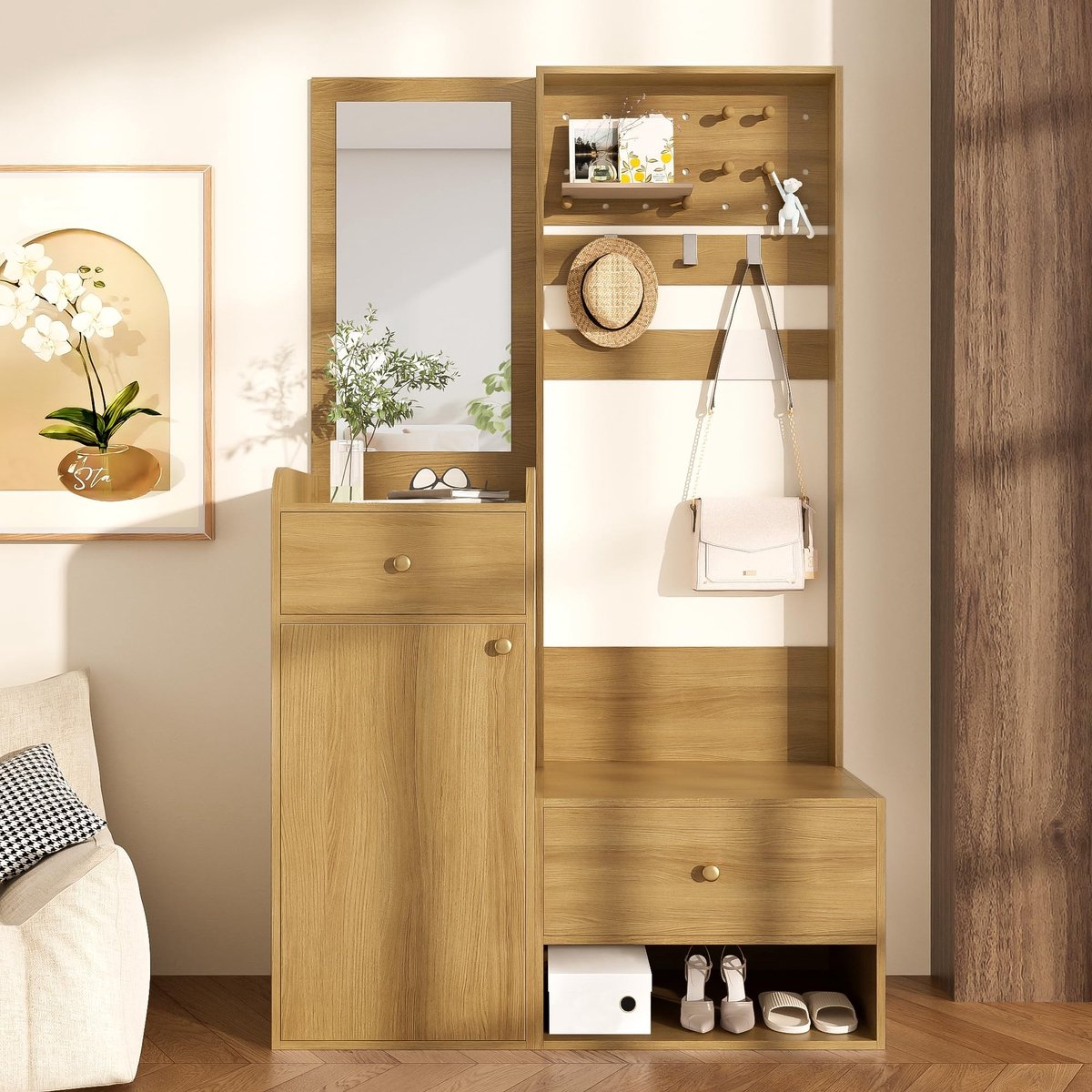 Compacte Garderobe - Multifunctioneel met Verstelbare Haken - Houtkleur
