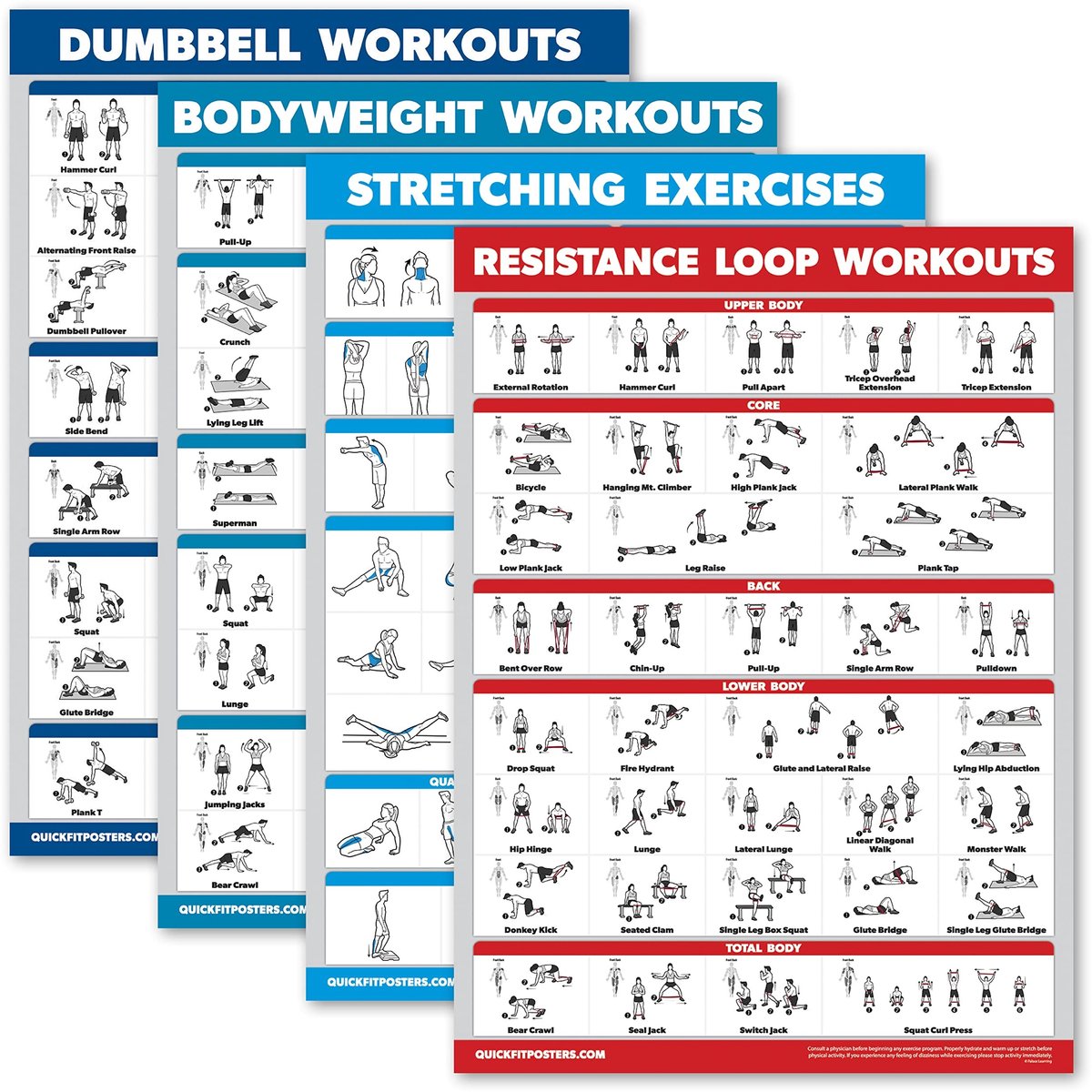 Set van 4 Workoutkaarten - Dumbbell Workouts, Body Weight Training en Stretches
