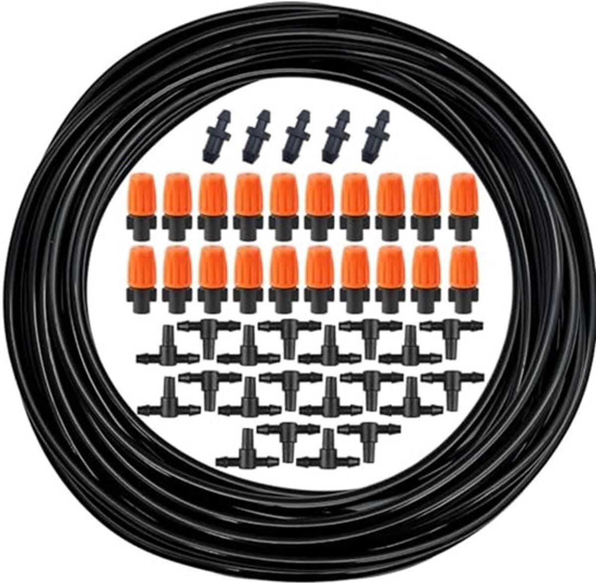 Tuinsproeisysteem, 10 m 1/4 Inch Druppelirrigatie Slang met 20 Spuitkoppen, 20 Stuks T-stuk Verbinding en 5 Stuks Eindpluggen
