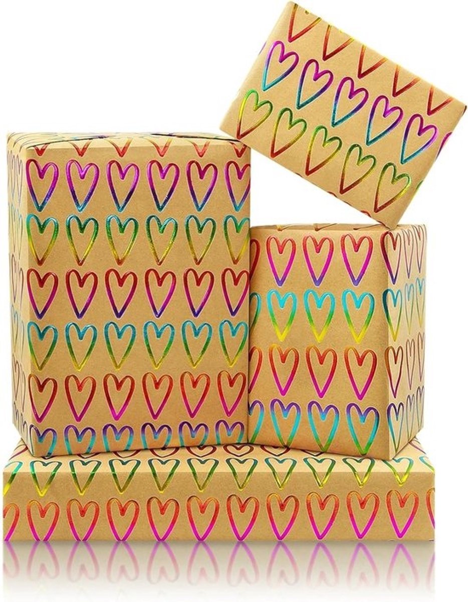 Regenboogkleurig liefdeshart inpakpapier - 1 mini-rol (43 x 300 cm) - voor bruiloft, verloving en Valentijnsdag