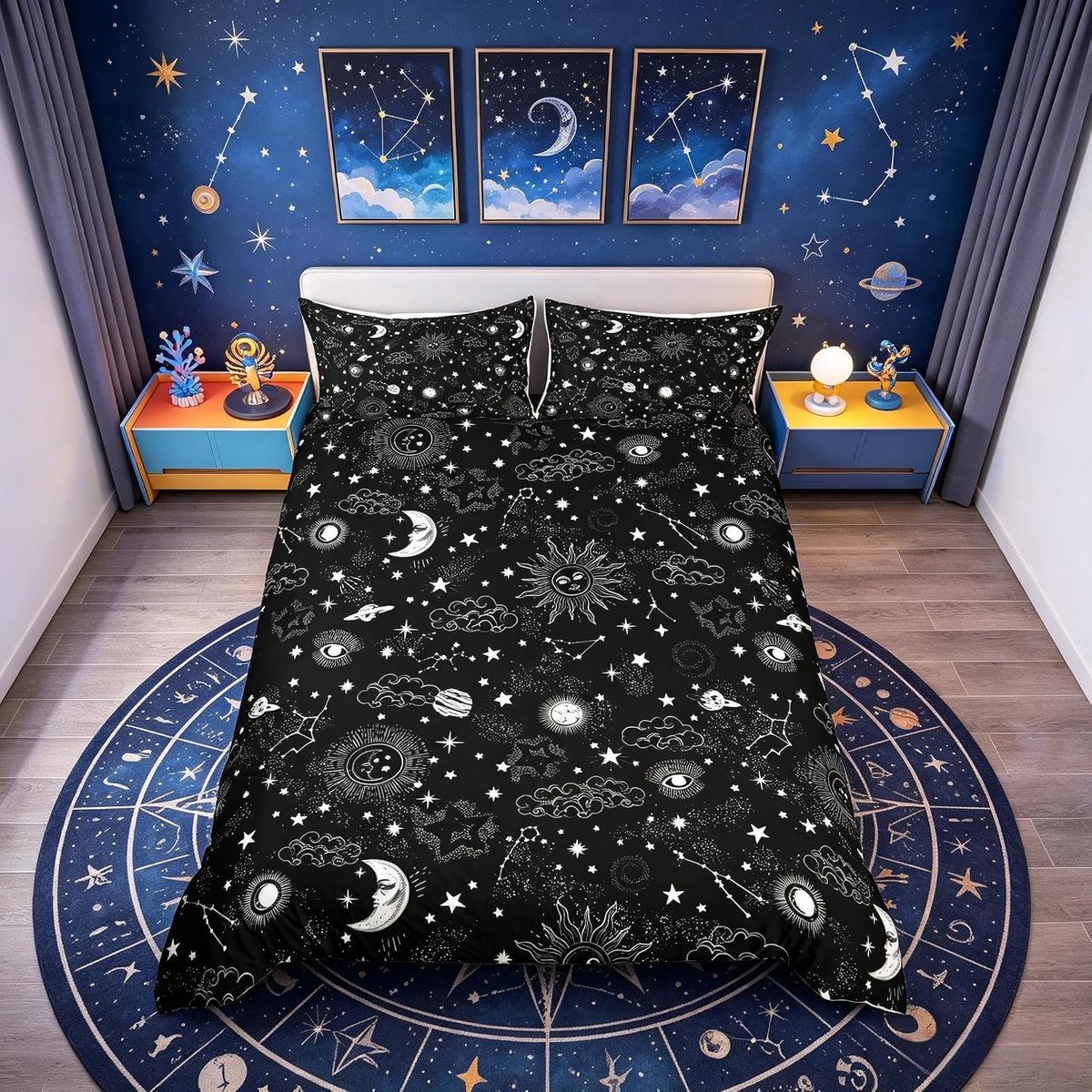 Zwart-witte sterrenhemel dekbedovertrek set van 3, boho hippie galactische slaapkamer decoratie, ultra zachte dekbedhoes voor een dubbele bedmaat