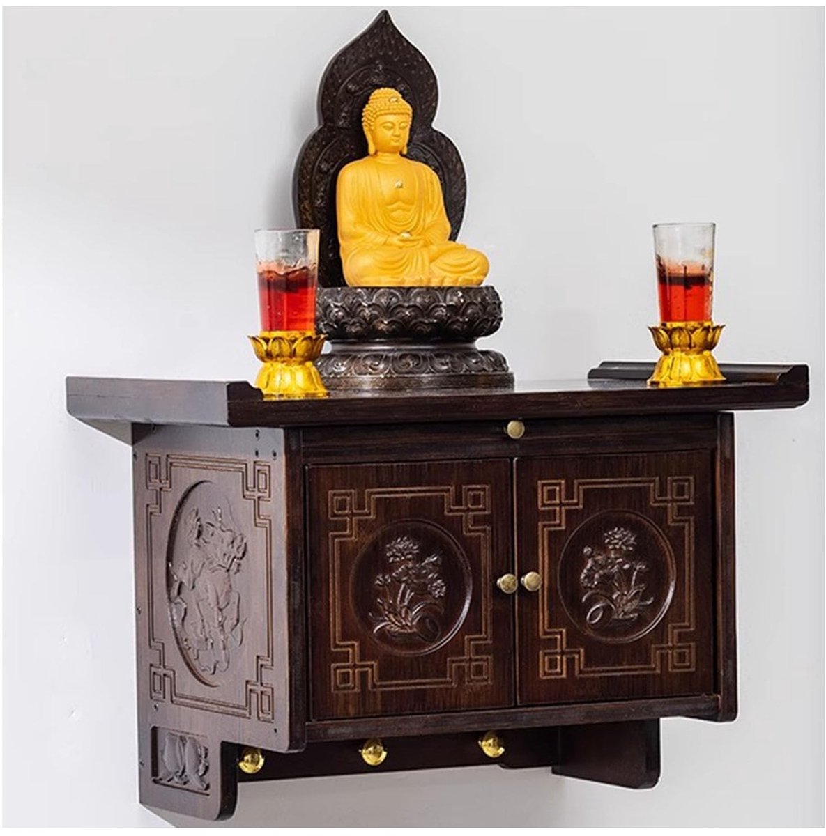 Wandmontage Boeddha Standbeeld - Vintage altaarkast met gesneden deur
