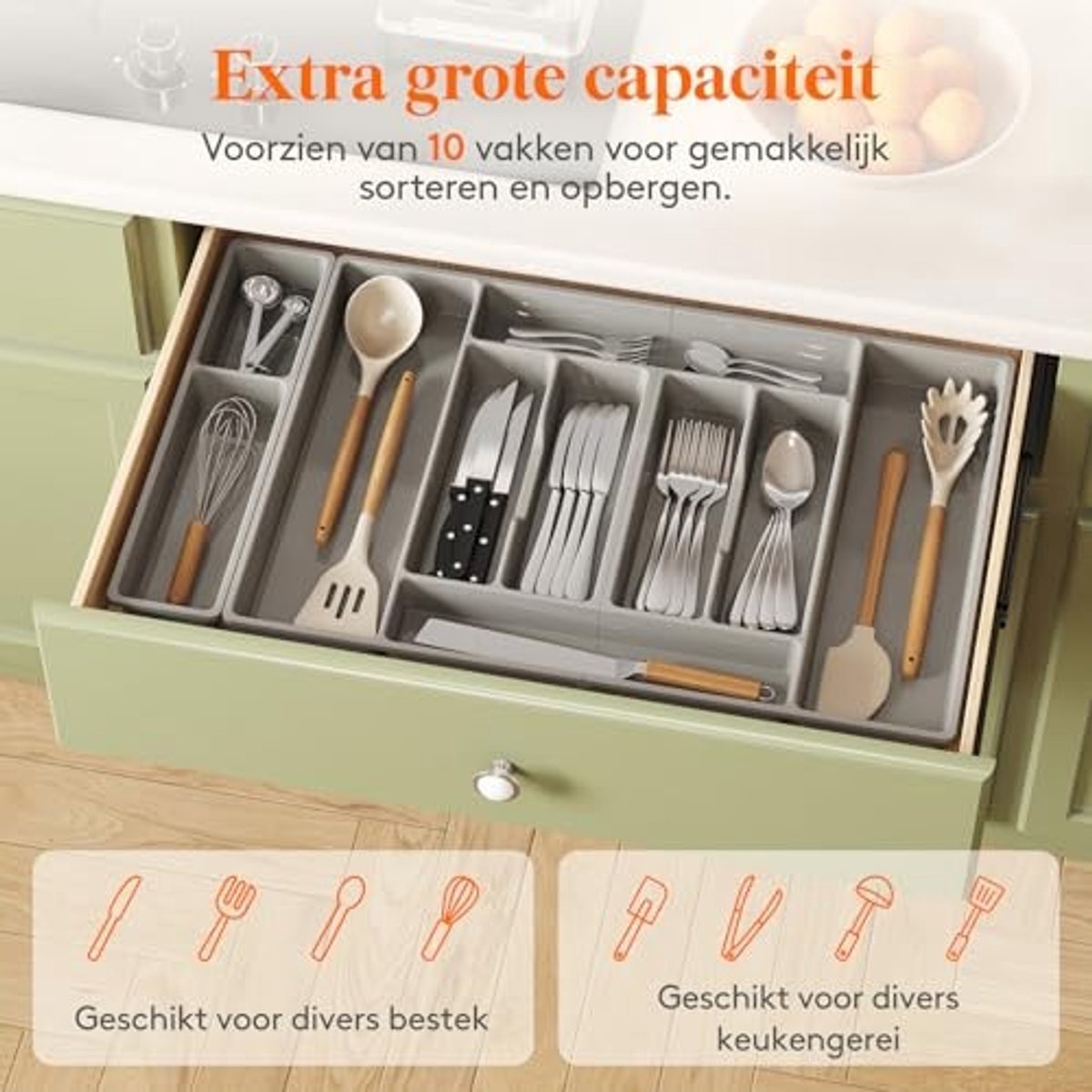 Besteklade Organizer - 10 Compartimenten - Grijs