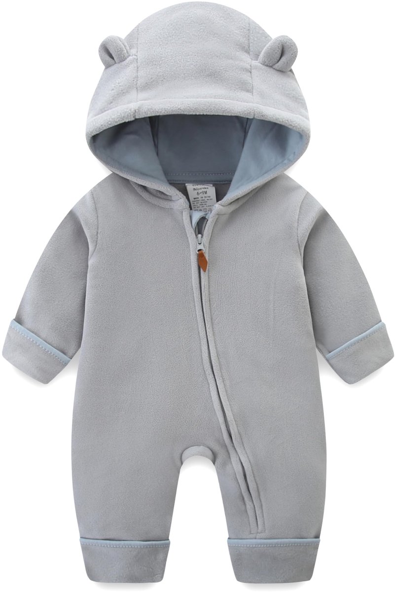 Baby Romper met Capuchon - Fleece Jumpsuit - Grijs 0-18 Maanden