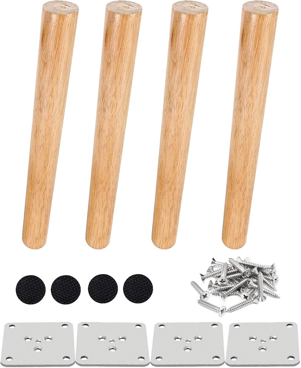 4 Stuks Houten Meubelpoten - 25 cm met Bevestigingsplaat