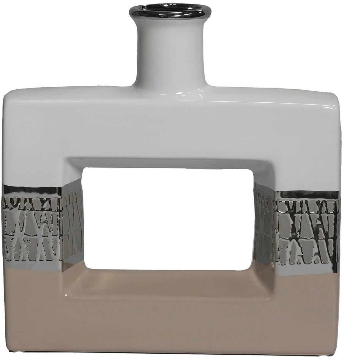 Ceramische Tafelvaas - Wit, Zilver en Beige - 6 x 24 x 24 cm