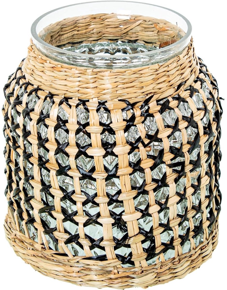Glazen vaas met decoratie - Zeewier - Natuurlijk en zwart - 18 x 18 x 20 cm