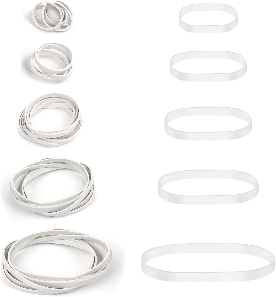 100 Stuks Witte Rubber Bands in 5 Maten - Sterke Elastische Bands voor Kantoor, Camping en Organisatie van Documenten
