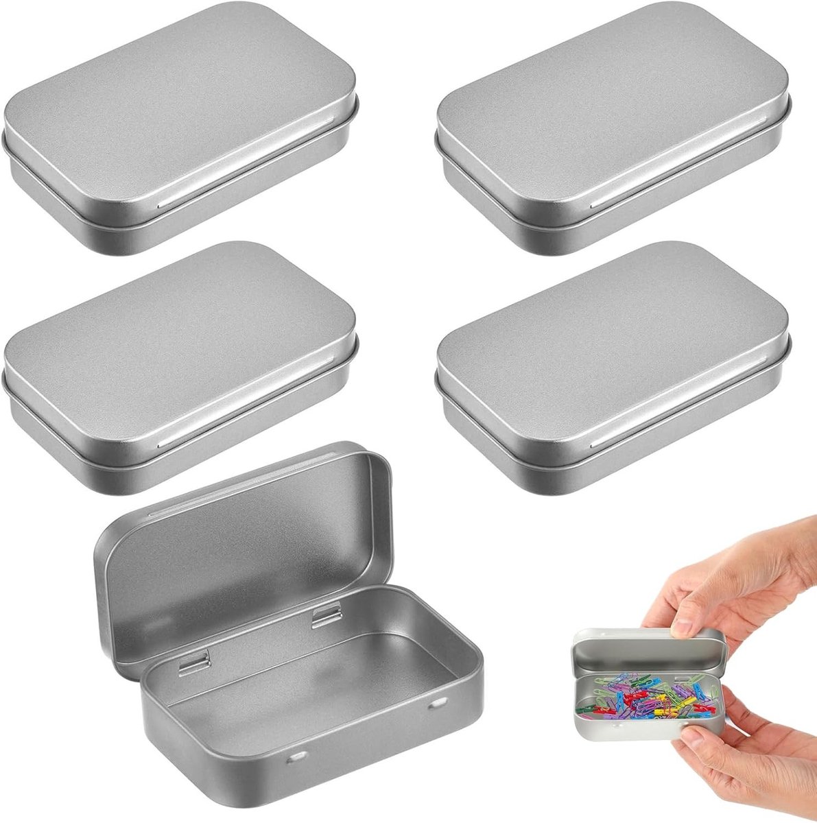 Mini Opbergdozen met Scharnierdeksel 9,5 x 6 x 2,2 cm - 5 Stuks Rectangulaire Blikken Dozen voor Kleine Voorwerpen, Compacte Opslagoplossing en Organisatie