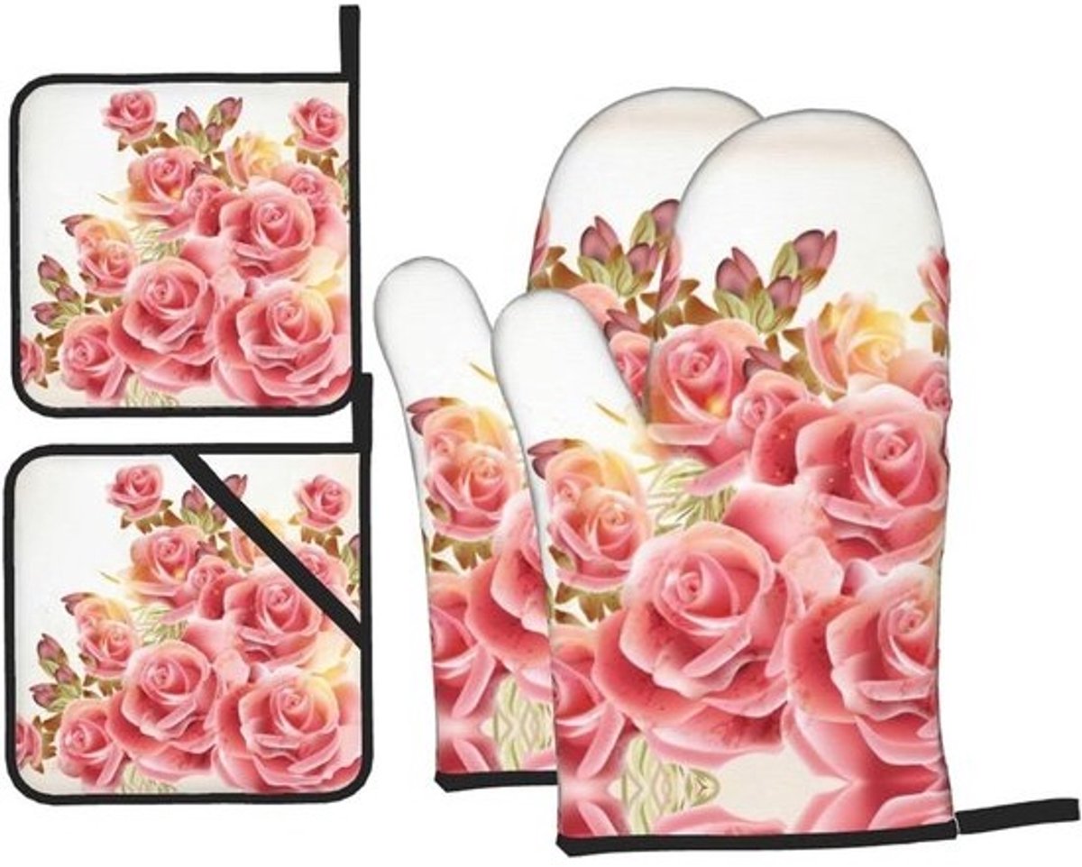 Ovenwanten en Pannenlappen Set - Keukenhandschoenen Kookset - Veilig Koken - Hittebestendige Isolatie - 4 Stuks - Roze Rozenprint