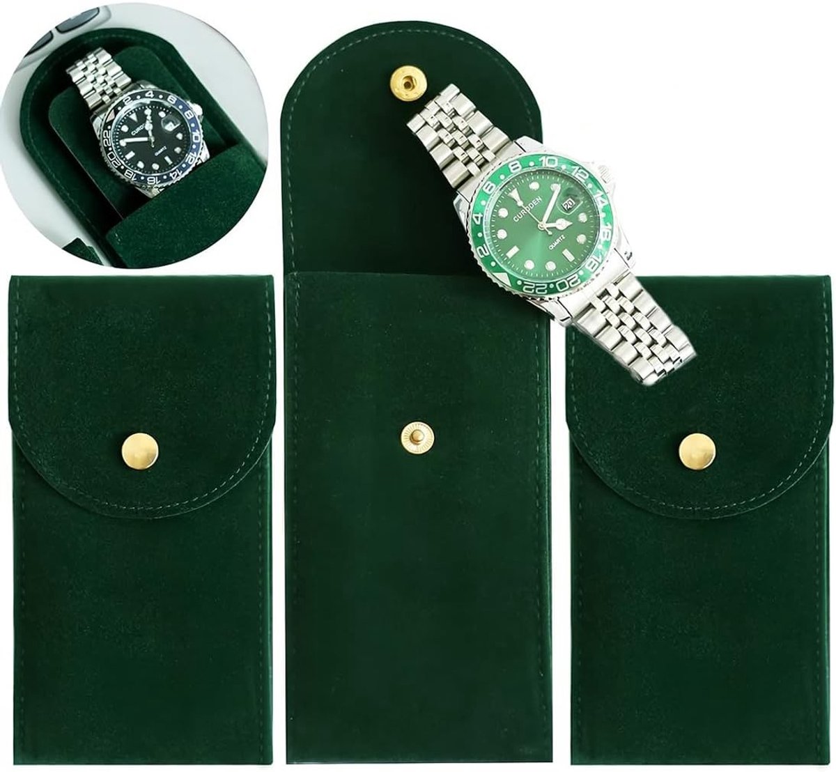 Pack van 3 Horlogehouders voor Mannen - Robuuste Reisopbergzak voor Horloges en Sieraden, Ideaal voor Buitenactiviteiten en Reizen (Donkergroen)