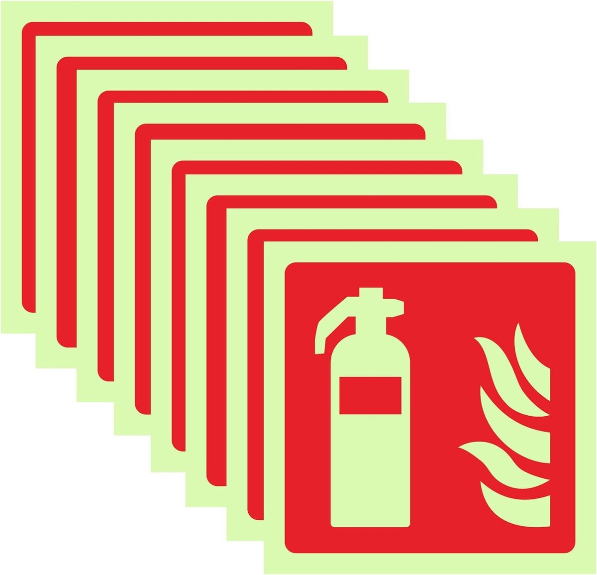 8 Stuks Brandblusser Stickers 10 x 10 cm, Glow in the Dark PVC, Zelfklevende Veiligheidsborden voor Thuis en Kantoor