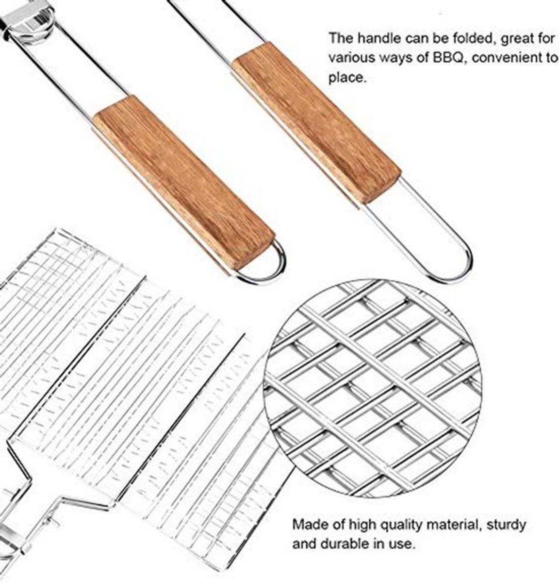 Grillmand voor BBQ Grill Gereedschap voor Vis Groente Steak Vlees Buiten Kampeer Gereedschap, Zilver Grijs