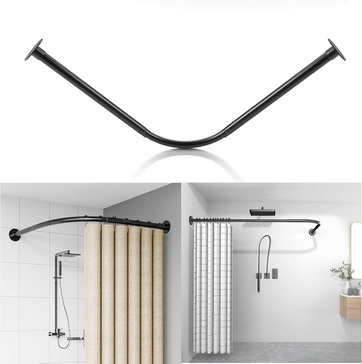 Gebogen douchegordijnstang, schaalbare L-vormige trekstang voor badkamer, wandmontage, zwarte hoekdouchegordijnstang, 90 tot 130 cm x 90 tot 130 cm
