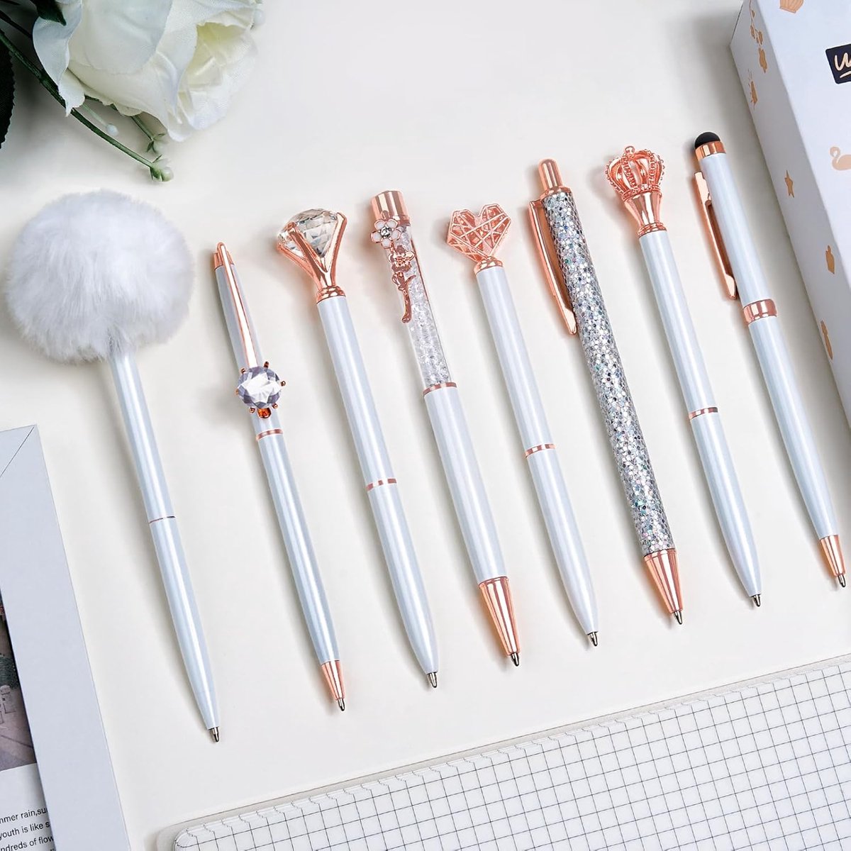 Balpennenset Metalen Kristal Diamantpen Glitterpen Voor Dagboekschrijven Pen Bling in Zwarte en Blauwe Inkt Mooie Schattige Pennen Luxe Pennen Wit