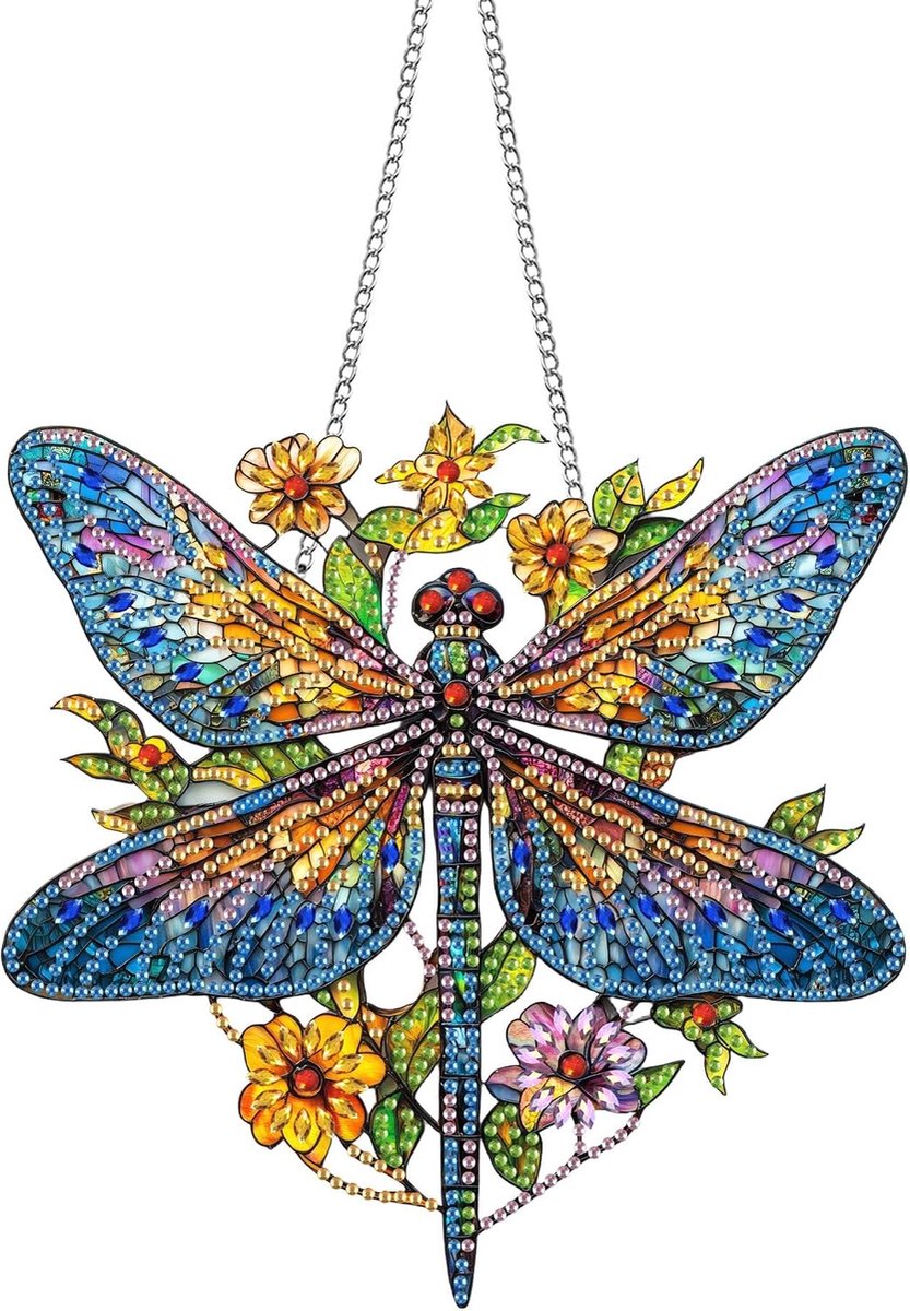Dubbelzijdig acrylbord diamond painting hanger & raamafbeeldingen set met ketting - Libelle DIY schilderij hanger diamant kunst wandbehang kits 20 x 20 cm - voor muur en entree decoratie