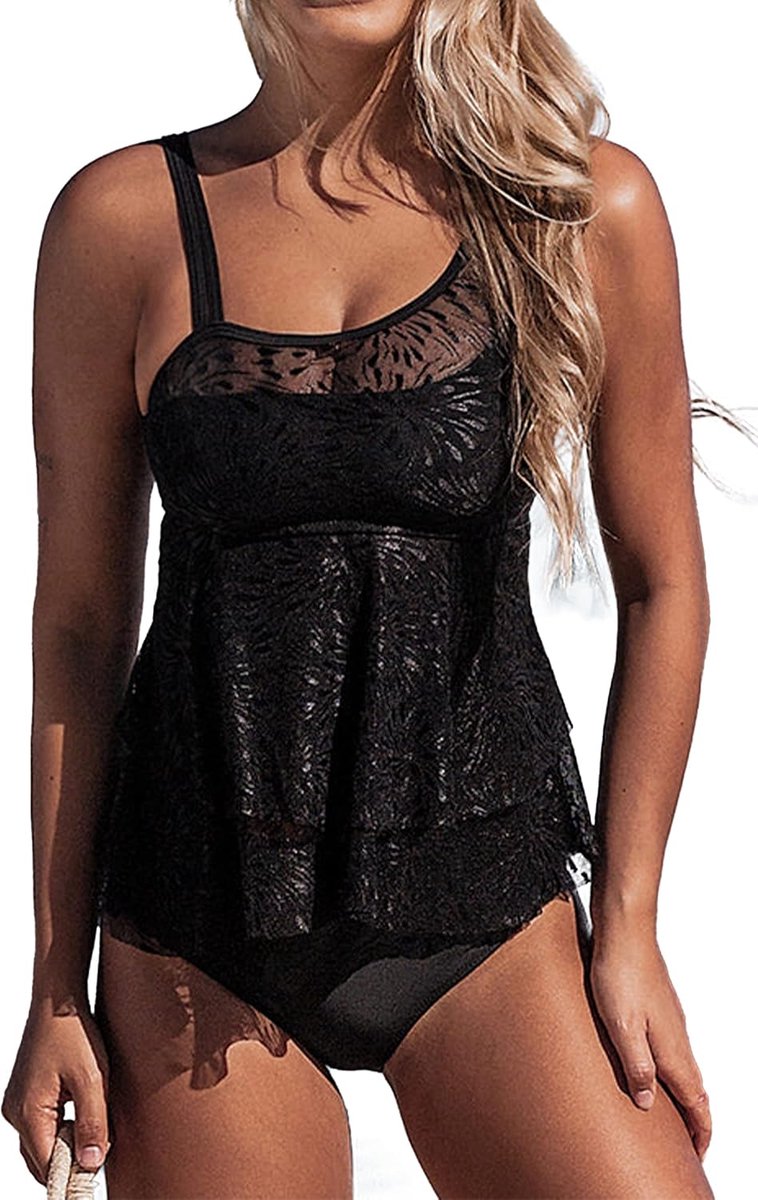 Tankini voor dames, solide, meerlaagse ruches, kant, patchwork