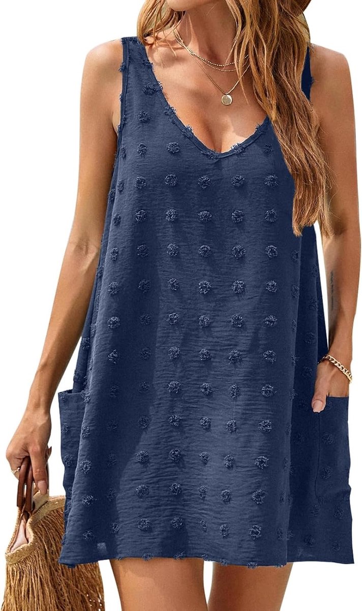 Zomerjurk voor dames, Swiss polka dots, strandbedekking, V-hals, tankjurk met zakken