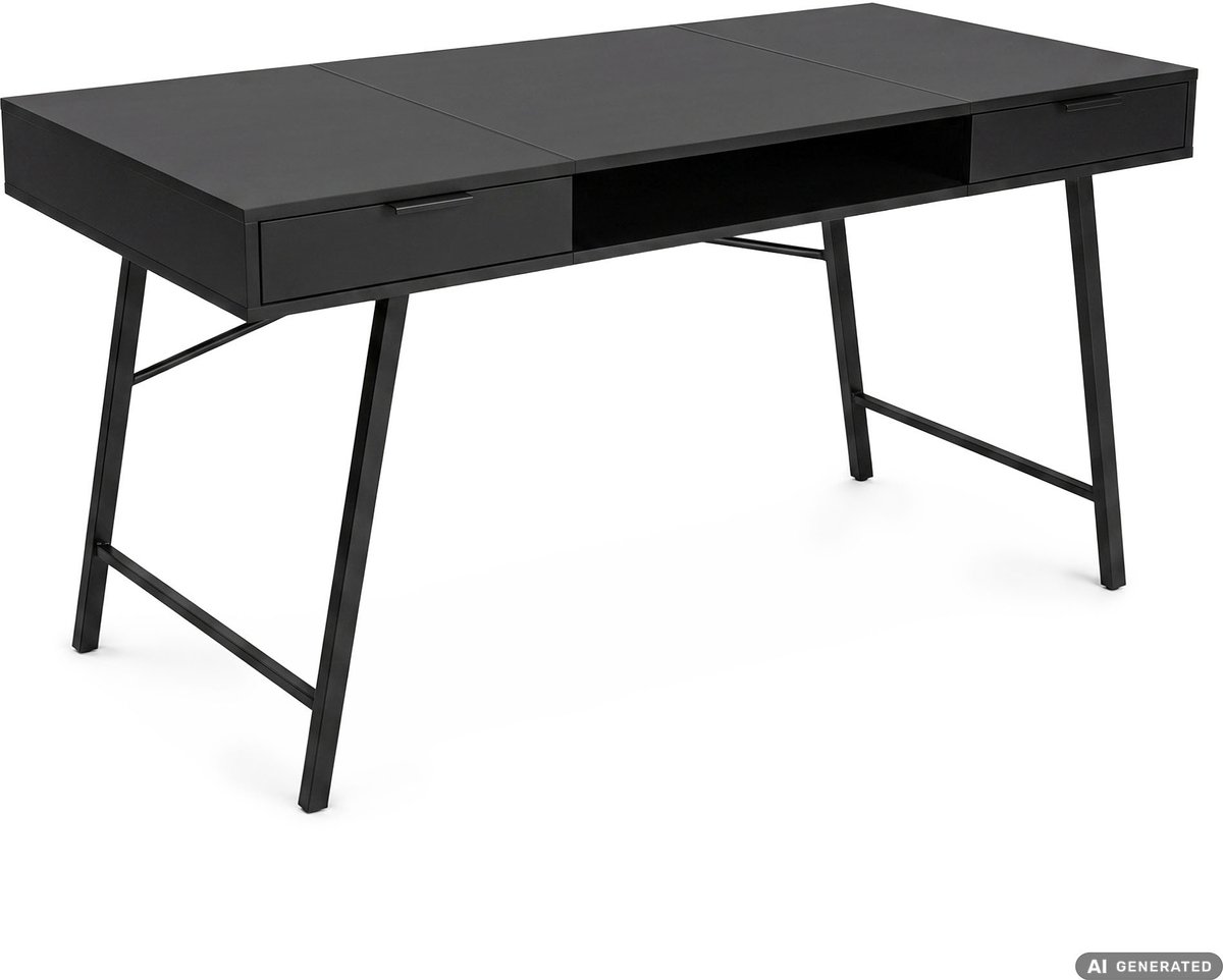 Computertafel Bureau ARDEN / Industrieel / Zwart / 120 cm / 2 Lades / 1 Plank / Zwarte Poten