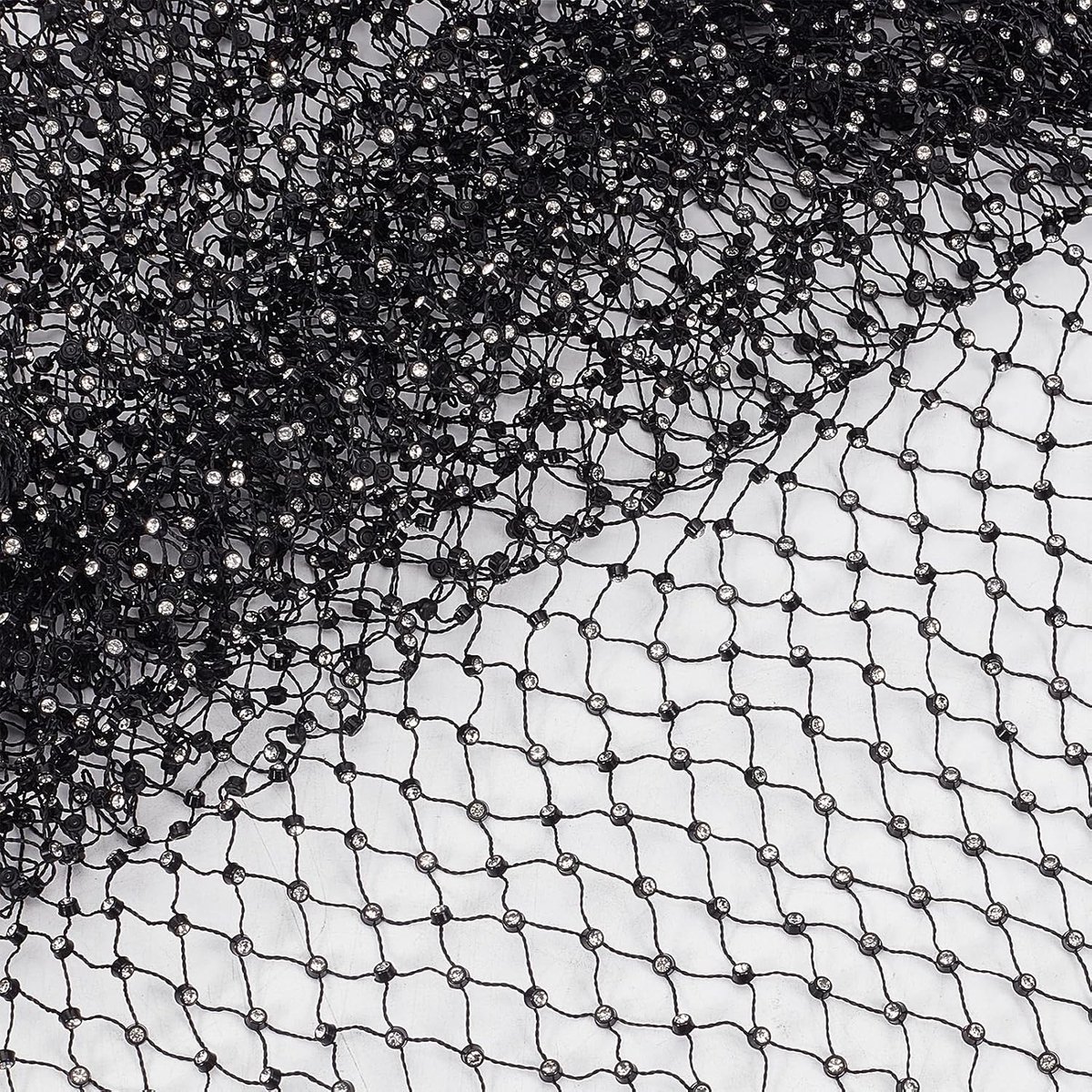 Stof met zwarte strassteentjes, 2 yards, elastisch netweefsel van transparant glas, 2,8 cm, elastische stoffen van transparant glanzend netweefsel met uitsparingen
