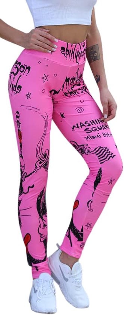 One Clothing Dameslegging voor sport, fitness, outdoor en loungewear, super elastisch en met hoge tailleband voor kreukvrije, comfortabele pasvorm. Met Manson fantasiemotief in roze, maat XL, roze,