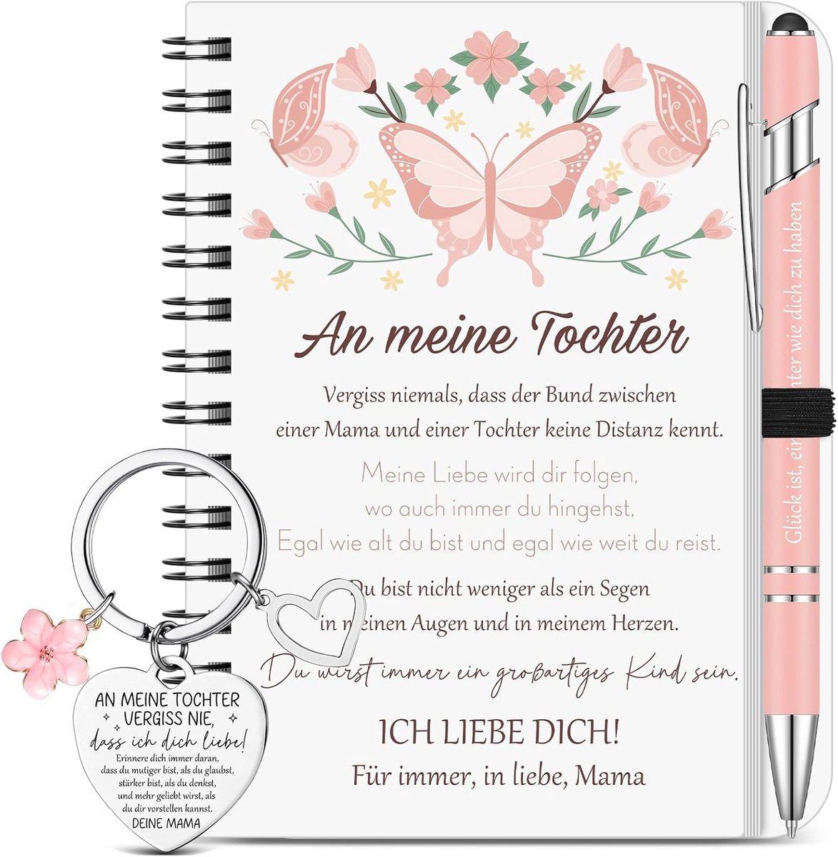 3 stuks Regali geeft Mamma a Figlia Quaderno a spiraal met roze Farfalla Penna a Sfera Incisa Portachiavi geschenk Motivazionale per Figlia per Compleanno, Natale of Laurea