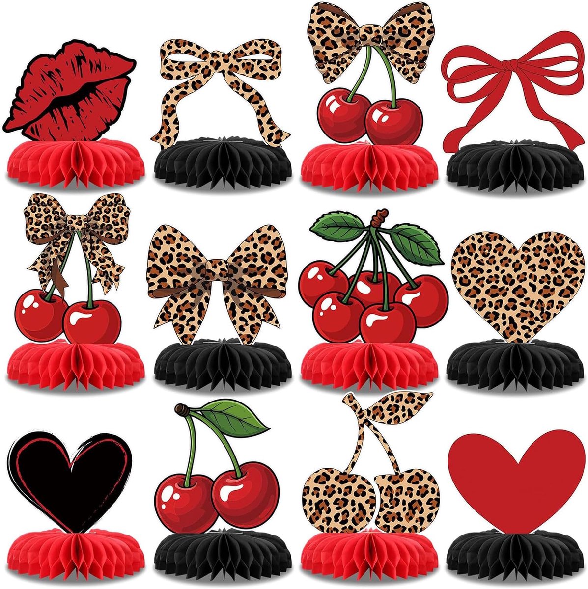 12 stuks papieren honingraat tafelversiering, verjaardagdecoraties met luipaardprint, feestdecoratie met kersen, lippen, harten en strikken