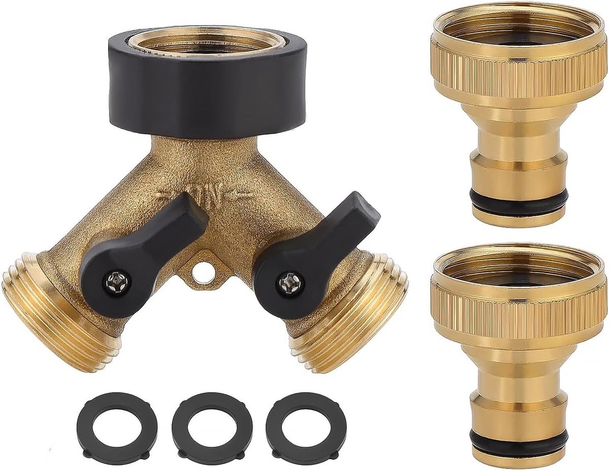 3/4" Messing Spruitstuk Tap Adapter, 2-weg Tap Tuinslang Splitter met Twee Snelkoppelingen, Irrigatieslang Buiten Connectors-Tweeweg Messing Tap met Individuele Aan/Uit Kleppen