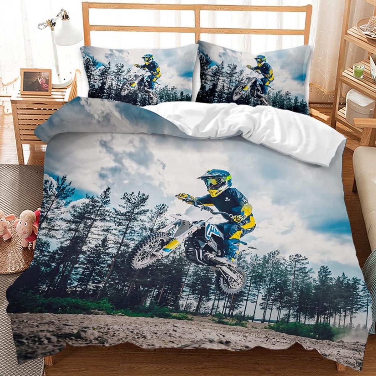 3D Motorfiets-dekbedovertrek, motorcross-beddengoedset, motor-racedekbedovertrek met kussensloop, voor tiener-extreme sporten (135 x 200 cm, blauw)