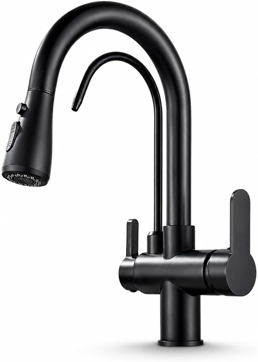 3-weg keukenkraan met waterfilteraansluiting, uittrekbare douche, 360° draaibaar, gescheiden waterwegen, 2 straalsoorten, keramische cartridge, mat zwart