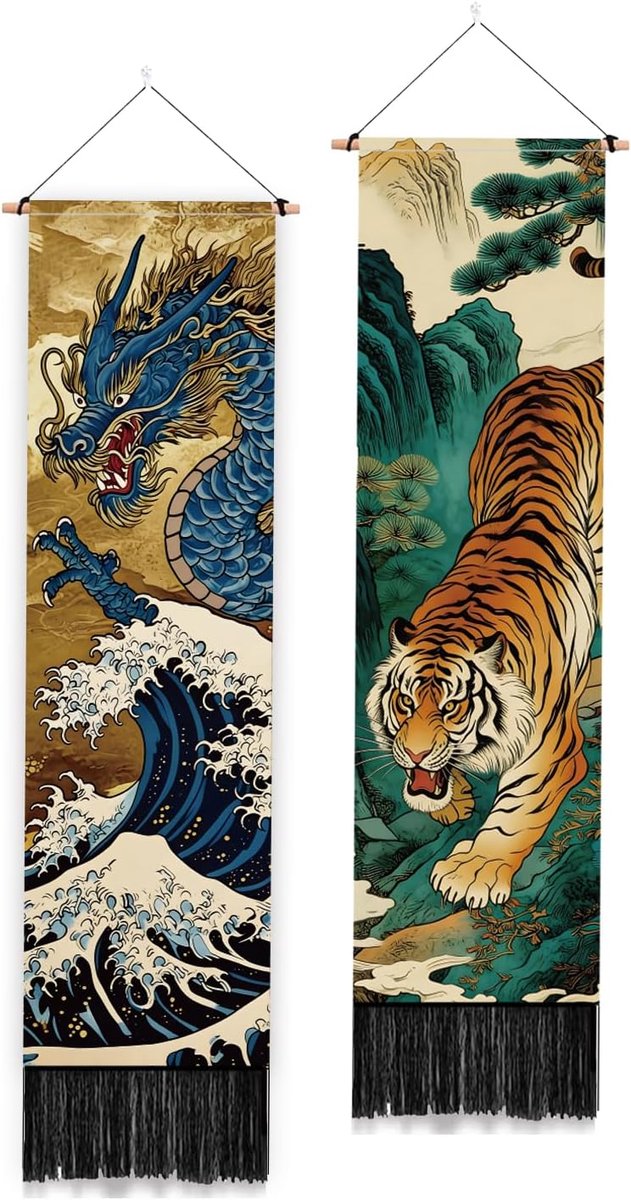 Tapijten tijger en draak Japans wandtapijt lang golfpatroon esthetische wanddecoratie voor slaapkamer woonkamer badkamer hal 130 x 33 cm