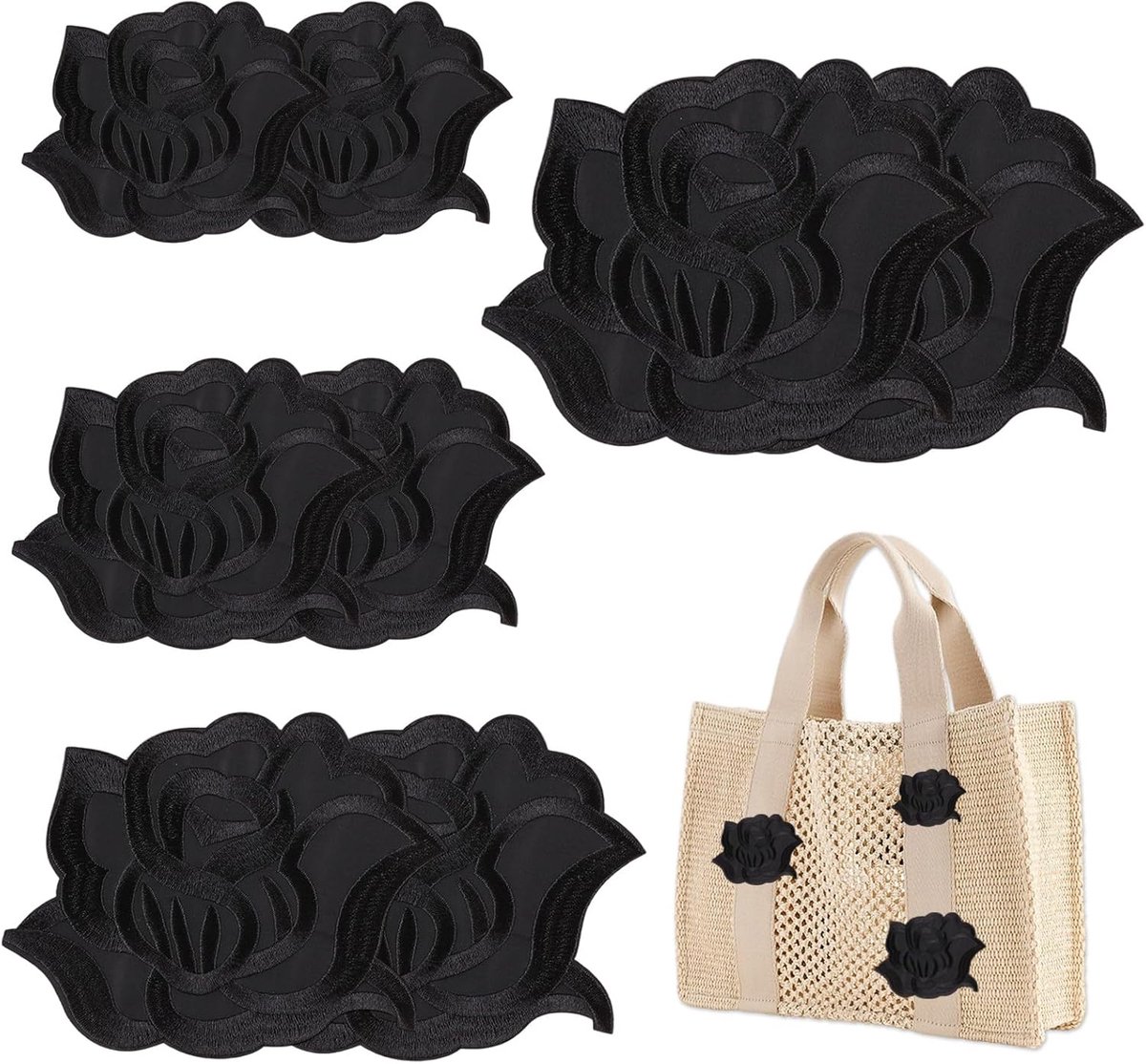 Zwarte Rozen Bloem Patches Set, 8 Stuks in 4 Verschillende Maten – Ideaal voor Kledingreparatie, Versiering en Handwerk – Stevige Oxfordstof met Thermo-lichaam Rugzijde