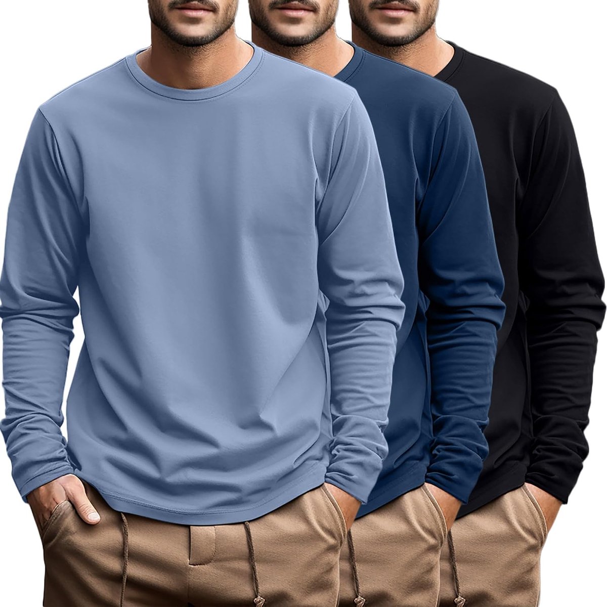 3-Pack Herenoverhemden, Grote en Lange Mouwen, Katoenen T-Shirt, Ronde Hals, Oversized Tops, Casual Overhemden