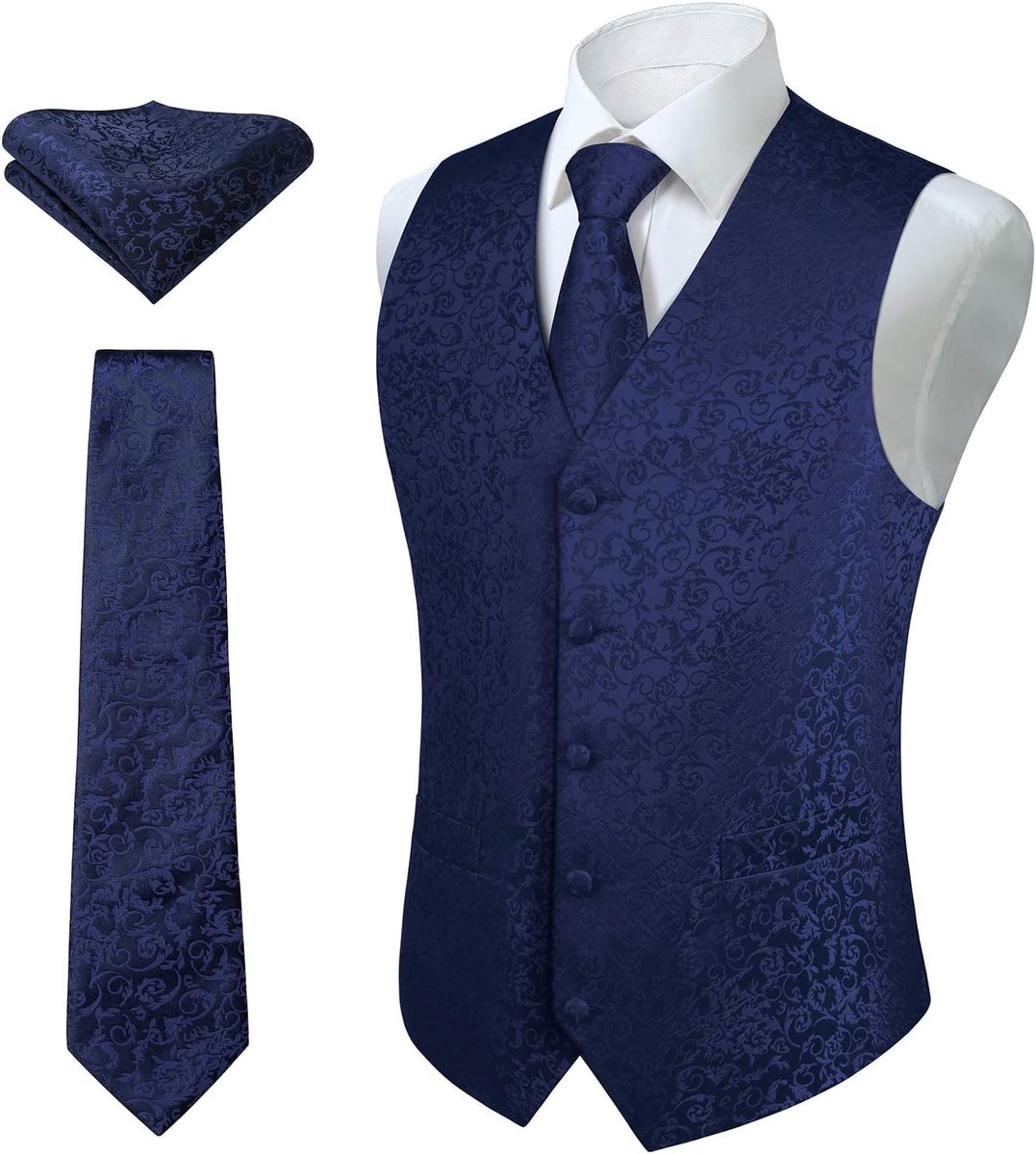 Paisley gilet voor heren, jacquard bloemenmotief, stropdas, pochet, voor bruiloftsfeest, zakelijke pasvorm, set met gilet, XS - 6XL