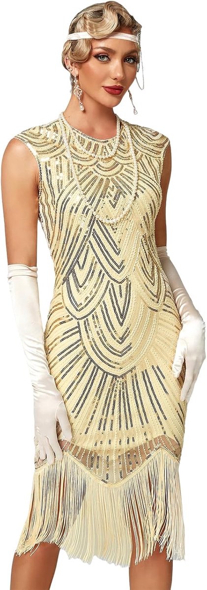 Damesjurk met pailletten, 20-stijl, ronde hals, geïnspireerd op Great Gatsby-kostuum jurk
