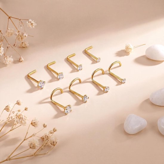 20G Gouden Neus Ring Stud Voor Vrouwen Mannen 8Pcs Hypoallergeen Chirurgisch Staal Kurkentrekker Neus Stud CZ 1.5/2/2.5/3mm Zilveren Neus Studs L Vorm Kleine Dunne Neus Stud Neusgat Piercing — afbeelding 4