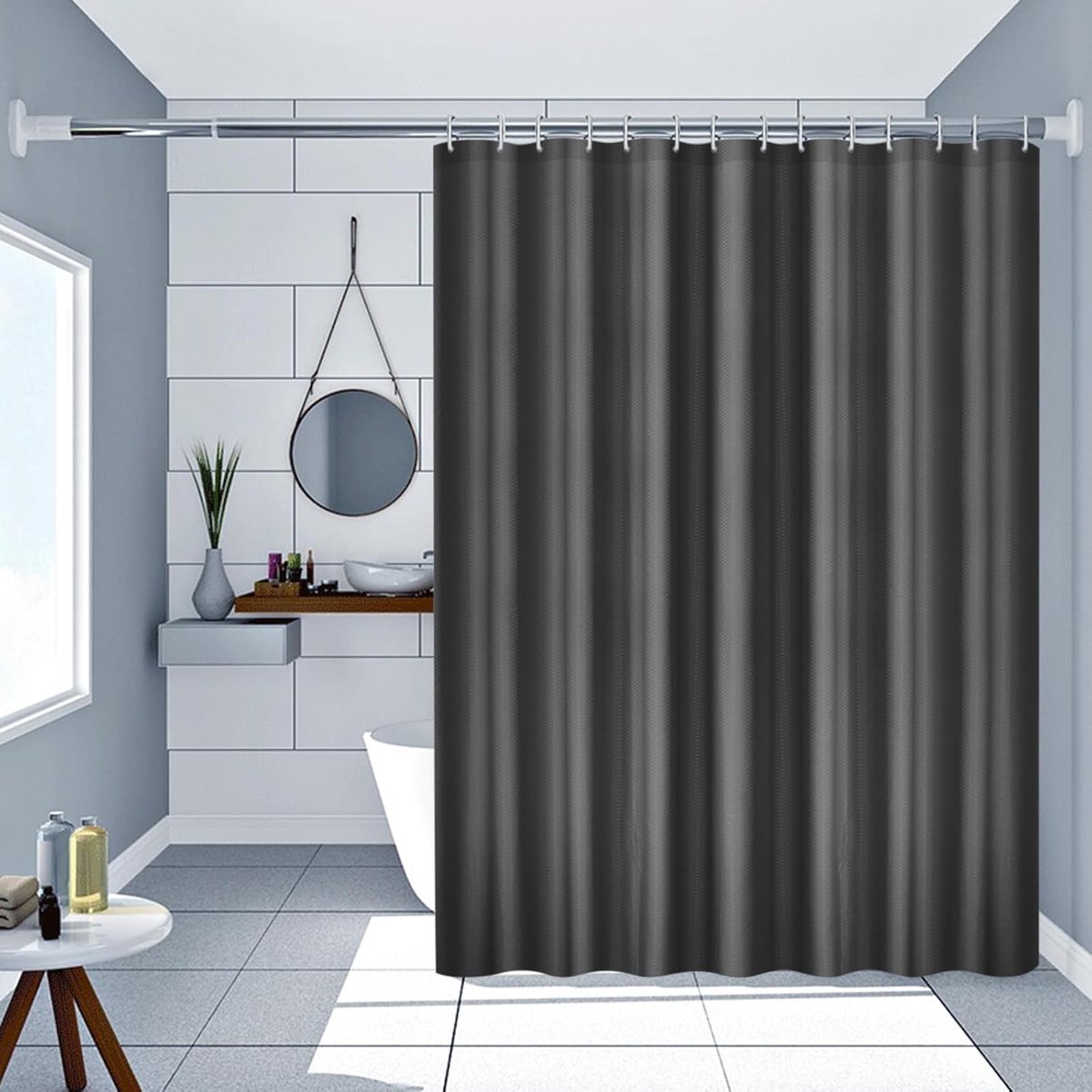 Douchegordijn met wafelpatroon, textiel, schimmelwerend, waterdicht, wasbaar, badgordijn van polyester, zwarte wafelpatroon, 100 x 200 cm, met douchegordijnringen