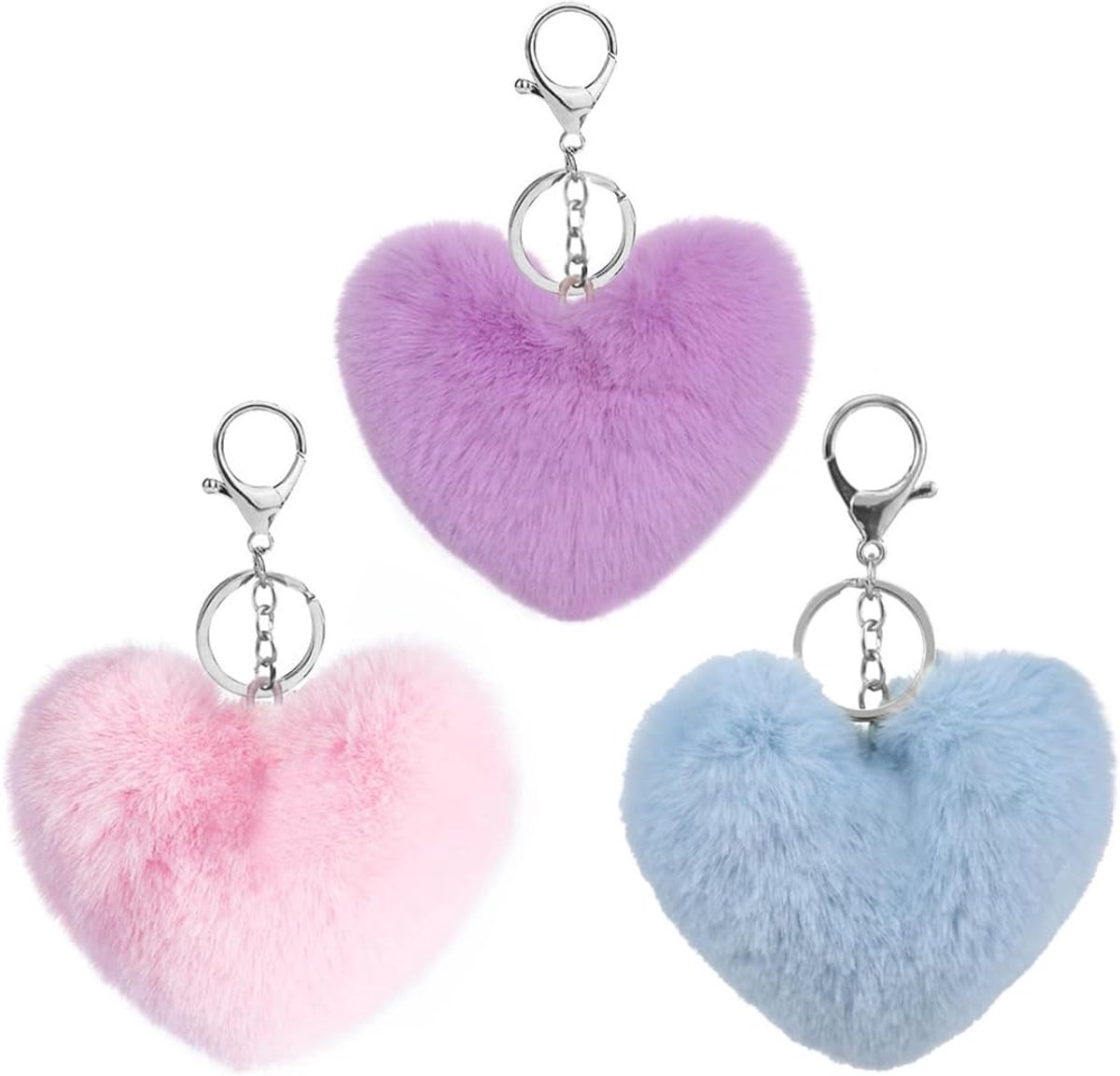 3 stuks liefde kwastjes sleutelhanger, bont pompon sleutelhanger, pluche hanger accessoires voor meisjes vrouwen, roze, blauw, paars