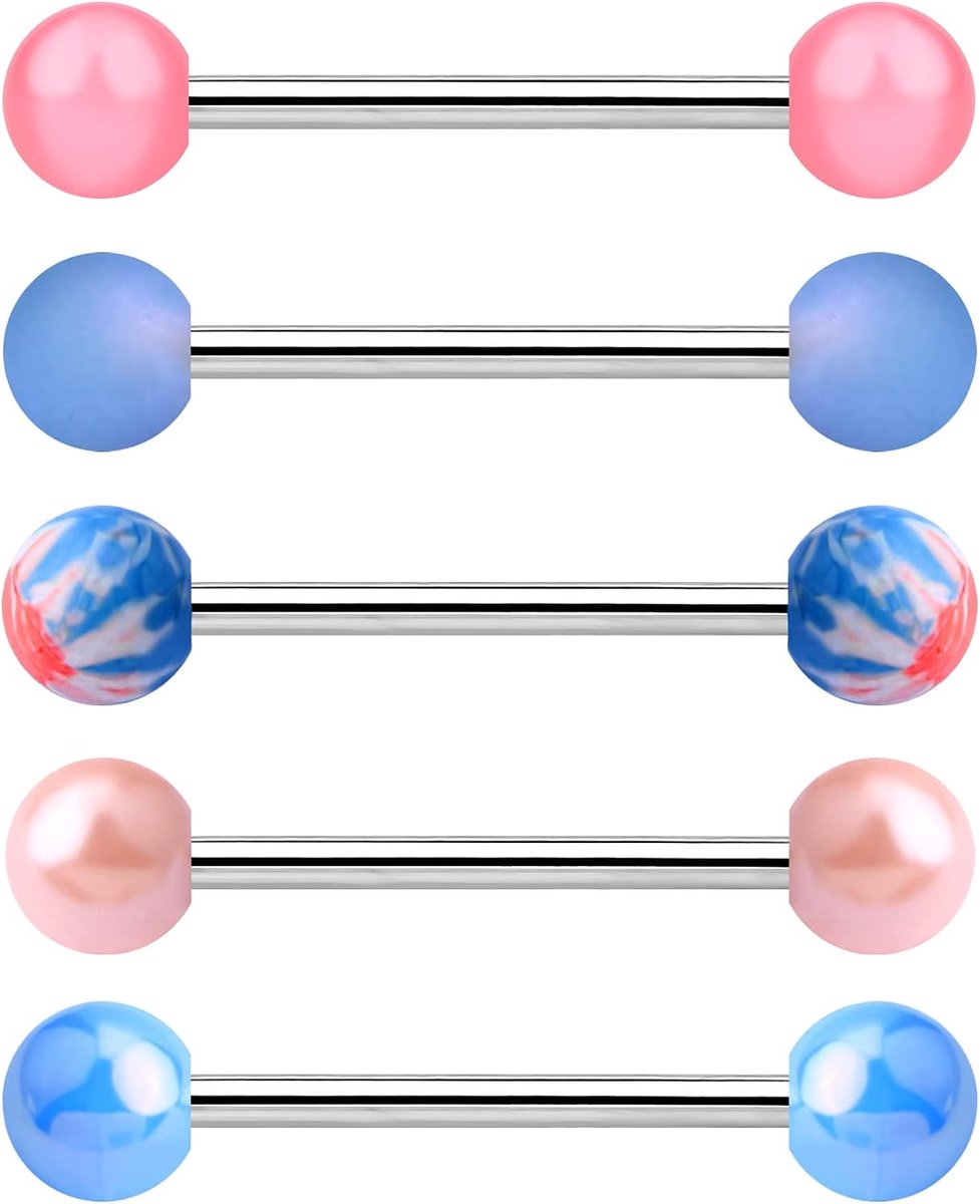 14G Tong Barbell Roze Tong Piercing 5Pcs 316L Rvs Rechte Tepel Barbell Blauw Tong Sieraden Vrouwen Mannen