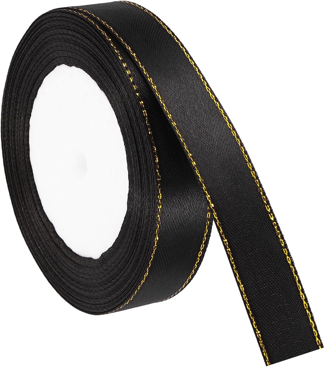Satijnen lint van 3/4 inch x 24 m met gouden rand, dubbelzijdig polyester satijnen lint voor geschenkverpakking, doe-het-zelf ambachten, bloemenboeketten, haarstrikken, naaiprojecten, zwart