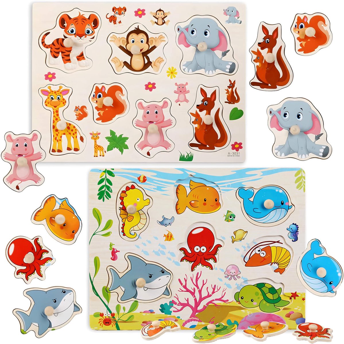 SolidKeus - Set van 2 Houten Puzzels voor Kinderen vanaf 1 Jaar